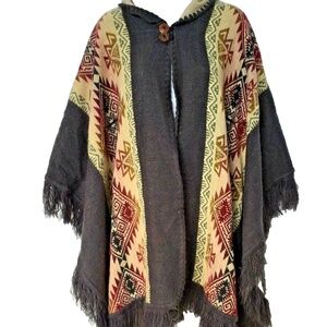 QM Hooded Fringe Poncho Cape Ecuador Earth Tones